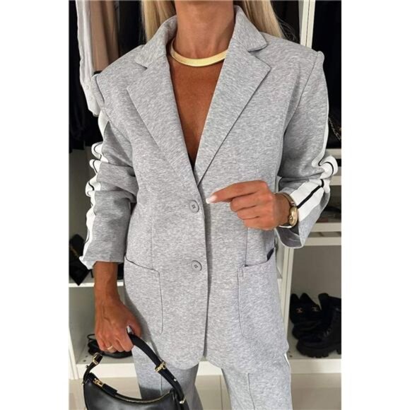 Full Size Contrast Lapel Collar Top and Pants Set - Picture 2 of 15